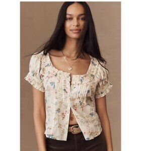 Anthropologie Pilcro Sheer Ruffle Puff-Sleeve Blouse Ivory Floral–Size Small-NWT
